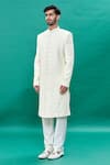 RNG Safawala_Off White Raw Silk Embroidery Thread Pearl Sherwani Set _Online_at_Aza_Fashions