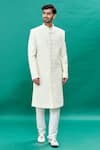 Buy_RNG Safawala_Off White Raw Silk Embroidery Thread Pearl Sherwani Set _Online_at_Aza_Fashions