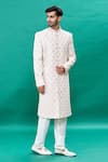 Shop_RNG Safawala_Pink Raw Silk Embroidery Thread Sherwani Set _Online_at_Aza_Fashions