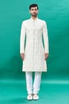 RNG Safawala_Off White Raw Silk Embroidery Thread Floral Pattern Sherwani Set _Online_at_Aza_Fashions