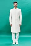 RNG Safawala_Off White Raw Silk Embroidery Thread Geometric Pattern Sherwani Set _Online_at_Aza_Fashions