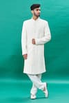 Buy_RNG Safawala_Off White Raw Silk Embroidery Thread Geometric Pattern Sherwani Set _Online_at_Aza_Fashions