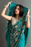 Shop_Ruar India_Green Chiffon Embroidered Sequin V Neck Botanic Saree With Blouse  _at_Aza_Fashions