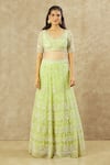 Keerthi Kadire_Green Net Hand Embroidered Pearl Deep U Neck Blouse Bridal Lehenga Set _Online_at_Aza_Fashions