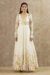 Keerthi Kadire_Off White Georgette Printed Floral V Neck Anarkali _Online_at_Aza_Fashions