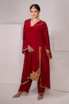Buy_Daljit Sudan_Red Crepe Embroidery Asymmetric Placed Tilla Phiran With Pant _at_Aza_Fashions