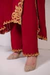 Daljit Sudan_Red Crepe Embroidery Asymmetric Placed Tilla Phiran With Pant _Online_at_Aza_Fashions