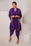 Buy_Daljit Sudan_Purple Crepe Embroidered Kashmiri Tilla Mandarin Collar Phiran With Draped Pant _at_Aza_Fashions