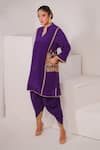 Daljit Sudan_Purple Crepe Embroidered Kashmiri Tilla Mandarin Collar Phiran With Draped Pant _Online_at_Aza_Fashions