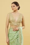 Buy_Samyukta Singhania_Beige Silk Gota Patti V-neck Floral Pattern Blouse _at_Aza_Fashions