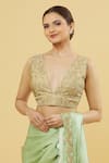 Samyukta Singhania_Beige Silk Gota Patti V-neck Floral Pattern Blouse _Online_at_Aza_Fashions
