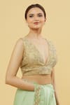 Shop_Samyukta Singhania_Beige Silk Gota Patti V-neck Floral Pattern Blouse _Online_at_Aza_Fashions