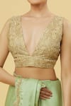 Samyukta Singhania_Beige Silk Gota Patti V-neck Floral Pattern Blouse _at_Aza_Fashions