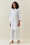 Buy_Anantaa By Roohi_White Cotton, Linen Split V-neck Botanical Print Kurta And Pant Set _Online_at_Aza_Fashions