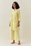 Buy_Anantaa By Roohi_Yellow Cotton, Linen Embroidery Split V-neck Kurta And Pant Set _Online_at_Aza_Fashions