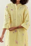 Anantaa By Roohi_Yellow Cotton, Linen Embroidery Split V-neck Kurta And Pant Set _at_Aza_Fashions