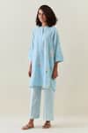 Buy_Anantaa By Roohi_Blue Cotton Embroidery Split V-neck Printed Linen Kurta And Pant Set _Online_at_Aza_Fashions