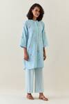 Shop_Anantaa By Roohi_Blue Cotton Embroidery Split V-neck Printed Linen Kurta And Pant Set _Online_at_Aza_Fashions
