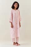 Buy_Anantaa By Roohi_Pink Cotton, Linen Embroidery Botanical Pattern Kurta And Striped Pant Set _Online_at_Aza_Fashions