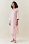 Shop_Anantaa By Roohi_Pink Cotton, Linen Embroidery Botanical Pattern Kurta And Striped Pant Set _Online_at_Aza_Fashions