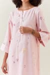Anantaa By Roohi_Pink Cotton, Linen Embroidery Botanical Pattern Kurta And Striped Pant Set _at_Aza_Fashions