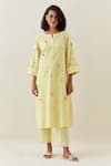 Buy_Anantaa by Roohi_Yellow Kurta  Cotton Linen Printed Botanical Notched And Striped Pant Set _at_Aza_Fashions