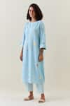 Buy_Anantaa By Roohi_Blue Cotton, Linen Split V-neck Printed Kurta And Striped Pant Set _Online_at_Aza_Fashions