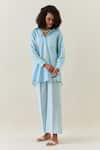 Buy_Anantaa By Roohi_Blue Cotton, Linen Embroidery Collared Printed Shirt And Striped Pant Set _Online_at_Aza_Fashions