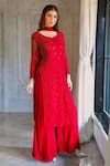 Buy_LABEL AISHWARYRIKA_Red Georgette Hand Embroidered Chikankari Round Kurta _at_Aza_Fashions