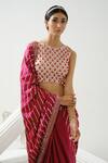 Shop_Tamaraa By Tahani_Pink Satin Silk Embroidery Sequin Boat Harmony Linear Pattern Saree With Blouse _at_Aza_Fashions