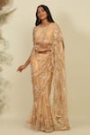 Buy_Priyanka Jain_Peach Net Woven Enchanted Reverie Pre-stitched Saree Set With Head Dupatta _Online_at_Aza_Fashions