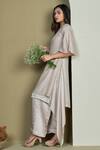Buy_1999ad By Amita & Deepak_Grey Satin, Organza Embroidery Round Neck Pinstripe Panel Kurta With Pant _Online_at_Aza_Fashions