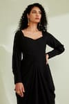 1999ad By Amita & Deepak_Black Crepe V-neck Zaynab Solid Draped Dress _Online_at_Aza_Fashions