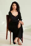 Buy_1999ad By Amita & Deepak_Black Crepe V-neck Zaynab Solid Draped Dress _Online_at_Aza_Fashions
