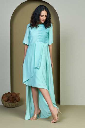 Buy_1999ad By Amita & Deepak_Blue Linen Embroidery Round Neck Stormi Bluish Dress _at_Aza_Fashions
