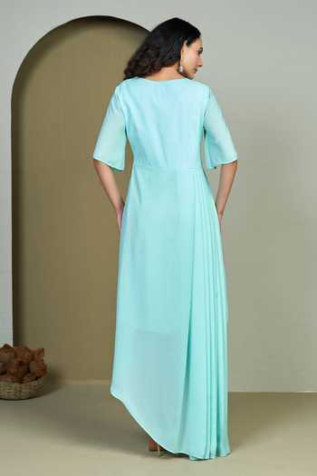 1999ad By Amita & Deepak_Blue Linen Embroidery Round Neck Stormi Bluish Dress _Online_at_Aza_Fashions
