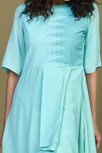 Shop_1999ad By Amita & Deepak_Blue Linen Embroidery Round Neck Stormi Bluish Dress _at_Aza_Fashions