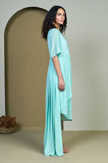 Buy_1999ad By Amita & Deepak_Blue Linen Embroidery Round Neck Stormi Bluish Dress _Online_at_Aza_Fashions