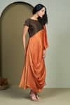 Shop_1999ad By Amita & Deepak_Orange Chanderi Round Neck Cora Draped Tunic _Online_at_Aza_Fashions