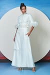 Buy_1999ad By Amita & Deepak_White Silk Pearls, Stones High Neck Embry Ruffle Sleeve Top With Skirt _at_Aza_Fashions