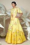 Buy_1999ad By Amita & Deepak_Yellow Chanderi Embroidery Round Neck 3d Floral Lehenga With Blouse 