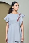 Shop_1999ad By Amita & Deepak_Grey Linen Embroidery Round Neck Ilana Asymmetric Dress _at_Aza_Fashions