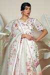 Shop_1999ad By Amita & Deepak_White Chanderi, Organza Embroidery V-neck Jasper Flower Lehenga Set _at_Aza_Fashions