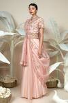 Buy_1999ad By Amita & Deepak_Pink Organza Cut Work, Embroidery, Sequins High Neck Calyx Lehenga And Blouse Set 