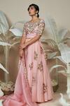1999ad By Amita & Deepak_Pink Chanderi Embroidery Round Neck Luna Floral Bloom Lehenga Set _at_Aza_Fashions