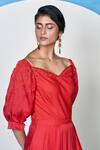 Shop_1999AD By Amita & Deepak_Red Organza Placement Embroidery Floral Sweetheart Neck Chrys Rosette Gown _at_Aza_Fashions