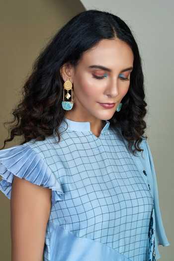 Shop_1999ad By Amita & Deepak_Blue Chanderi Embroidery Mandarin Collar Aspen Tunic _at_Aza_Fashions