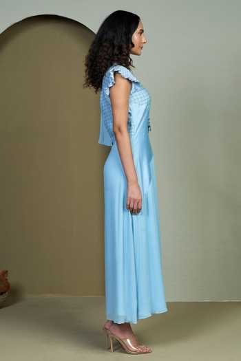 Buy_1999ad By Amita & Deepak_Blue Chanderi Embroidery Mandarin Collar Aspen Tunic _Online_at_Aza_Fashions