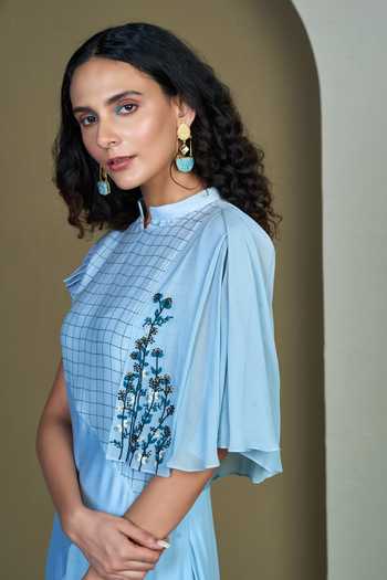 Shop_1999ad By Amita & Deepak_Blue Chanderi Embroidery Mandarin Collar Aspen Tunic _Online_at_Aza_Fashions
