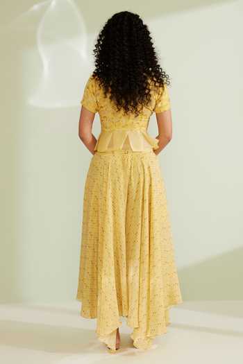 Shop_1999ad By Amita & Deepak_Yellow Crepe Embroidery Shawl Neck Diantha Peplum Top Pant Set _at_Aza_Fashions